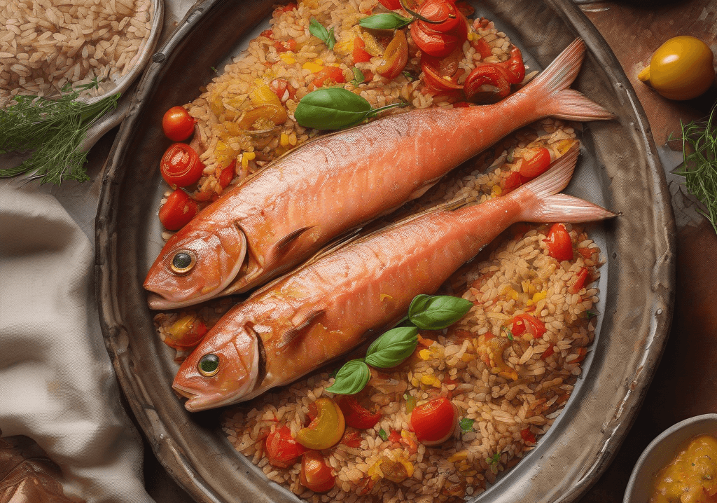Geleneksel Fırında Sebzeli Barbun Balığı ve Esmer Pirinç Pilavı