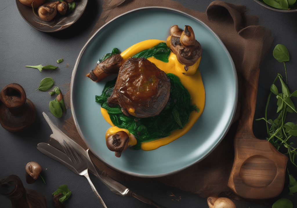 Safran Esanslı Şitake Mantarlı Kuzu İncik Konfiti ve Ispanak Yatağında Patates Ezmesi